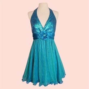 Vintage Y2K City Triangles Teal Blue Halter Dress Fairy Grunge Prom Hoco Formal